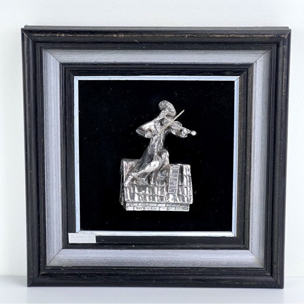Vintage Stamped 925 Jewish Man Playing Fiddler Wall Sculpture By A Kedem Framed